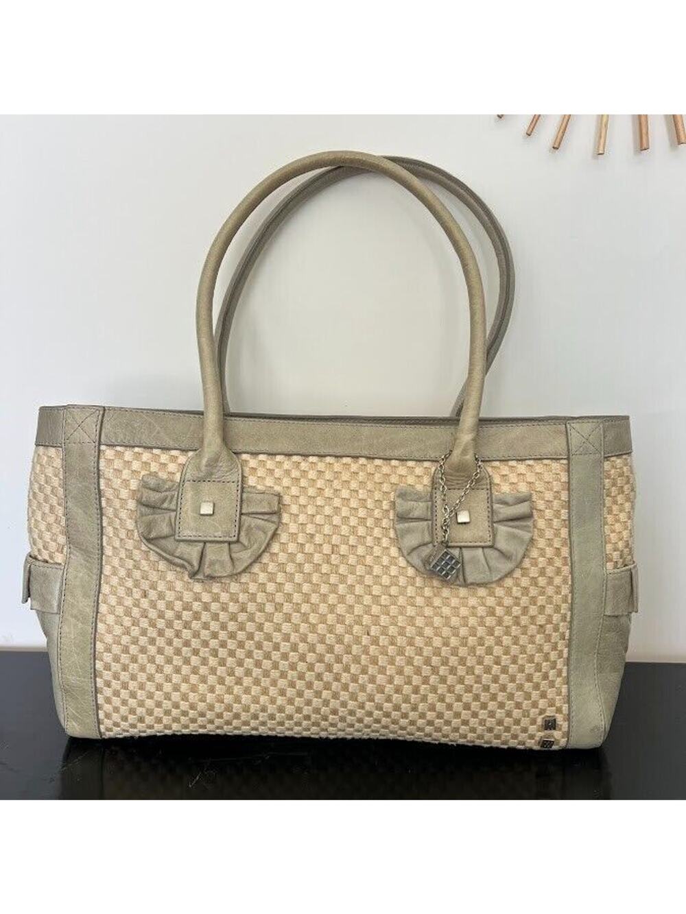 HELEN WELSH Grayish Green Leather & Woven Tote Handbag With Silvertone Hardware
